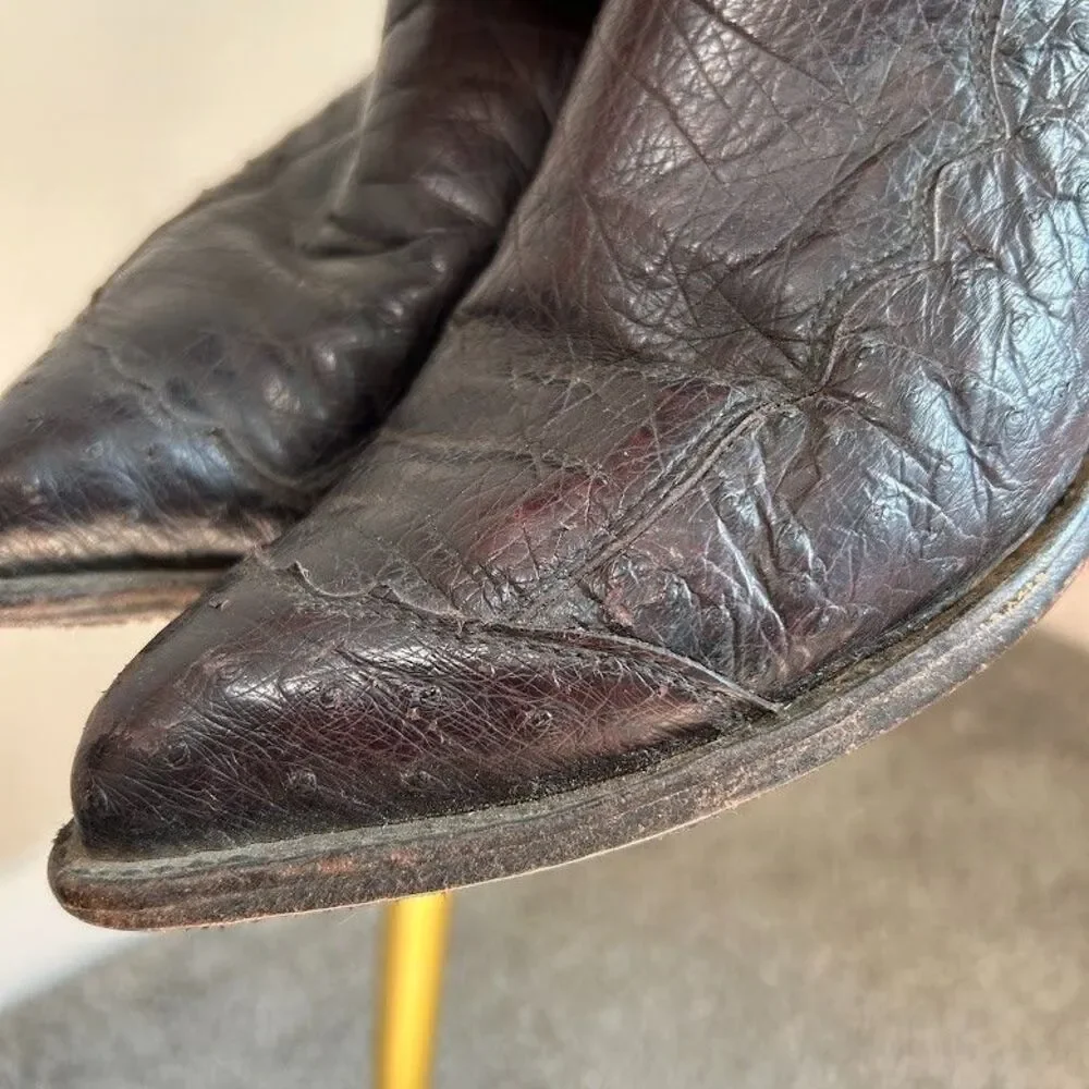 Vintage Men's Tony Lama Black Ostrich Leg Cowboy Boots J-Toe Size 9 Black Red